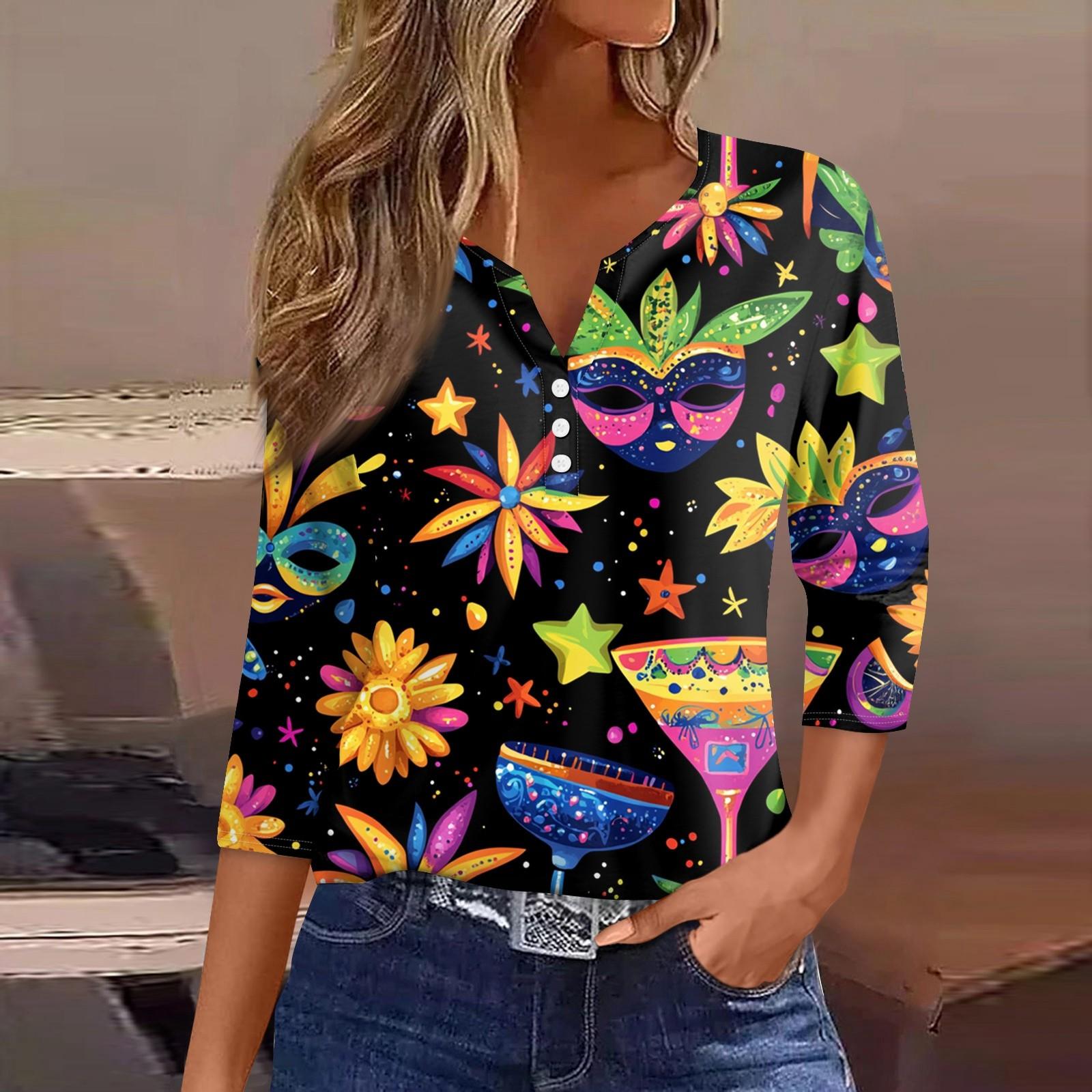 

Женская мода повседневная футболка с V-образным вырезом и декоративными пуговицами и рукавом три четверти с принтом карнавала XL шафрановый