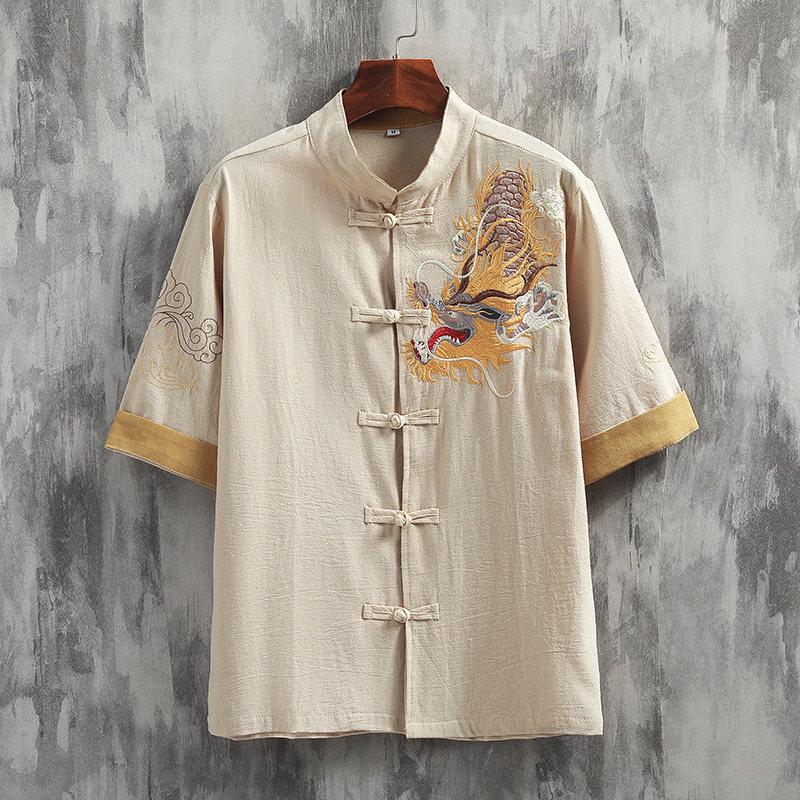 Men's Summer Embroidered Dragon Cotton Linen Shirt - Zen Style Tang Suit