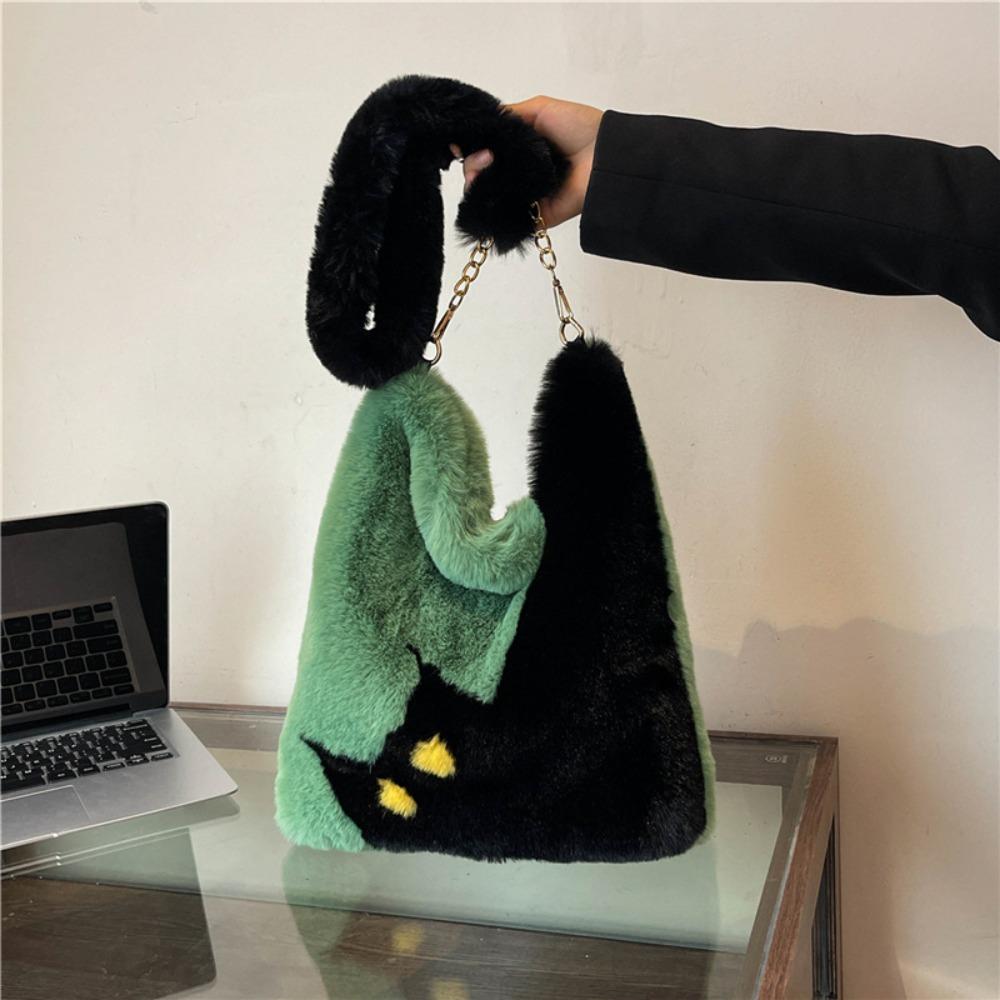 

Korean Style Cat Plush Crossbody Bag Square Winter Fluffy Tote Bag Faux Fur Shoulder Bag Women зелёный