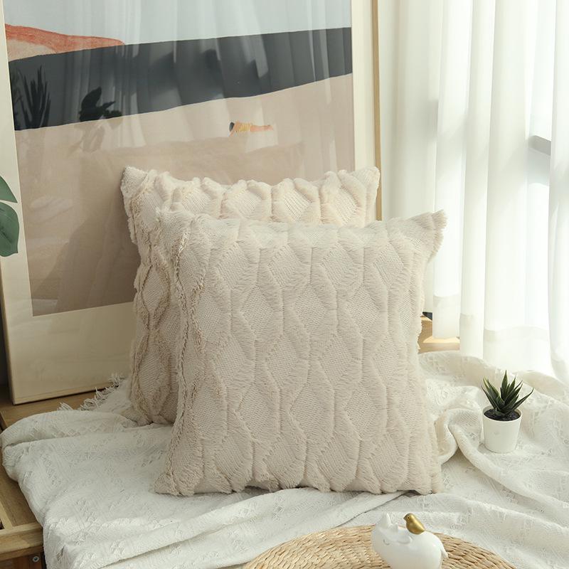 Solid Color Geometric Embroidered Plush Sofa Pillowcase
