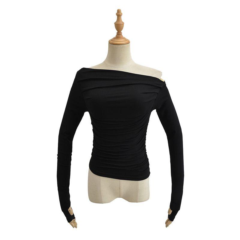 

Рубашка с косым плечом, плиссированная, с длинным рукавом, топы с косым плечом и присборенными длинными рукавами Black M