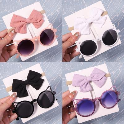 2Pcs/Pack Sunglasses Bows Headband Set Vintage Kids Summer Round Sun Glasses Children Protection Glasses Baby Hair Accessories