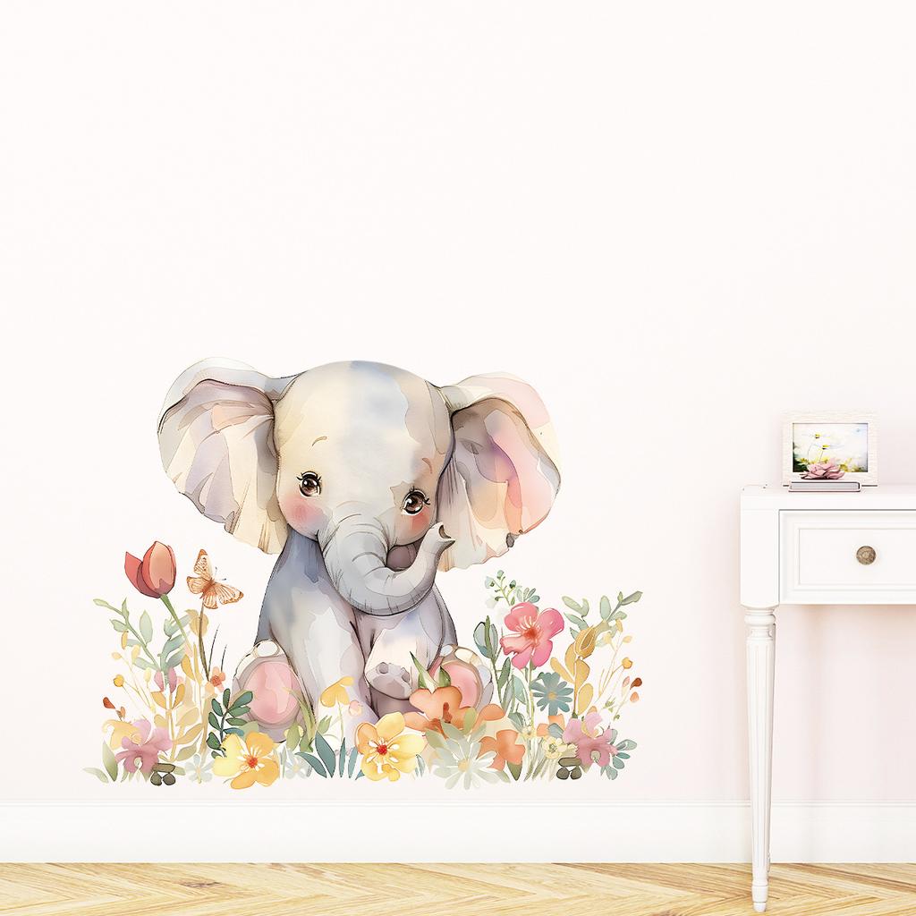 Cute Watercolor Baby Elephant with Flowers Wall Stickers, Ins Style Self-Adhesive Decor for Kids Room Wall Decoration