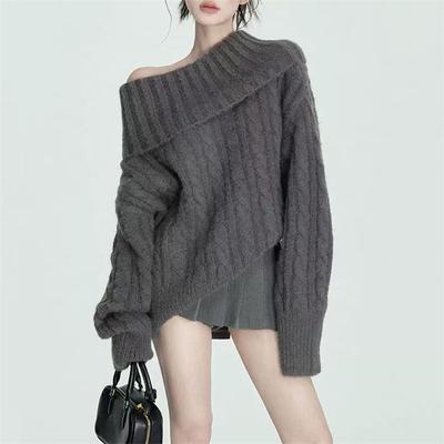 Hiver Nouveau Style Décontracté Pull en Tweed à Manches Longues Une Épaule, Ample et Polyvalent, Haut Épais pour Femmes