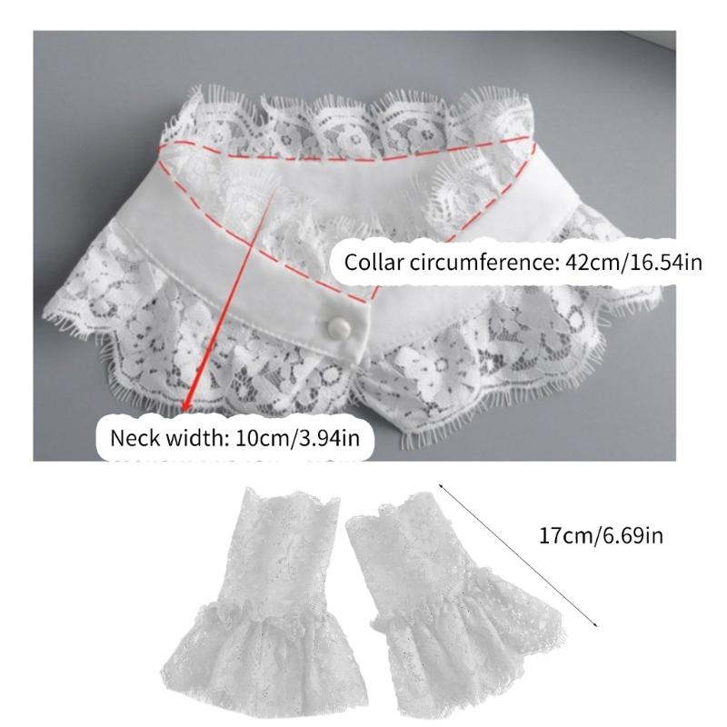 Women Faux Collar Eyelash Flower Lace Detachable Blouse Collar Necklace with False Sleeves Cuffs Set Clothing Accessory