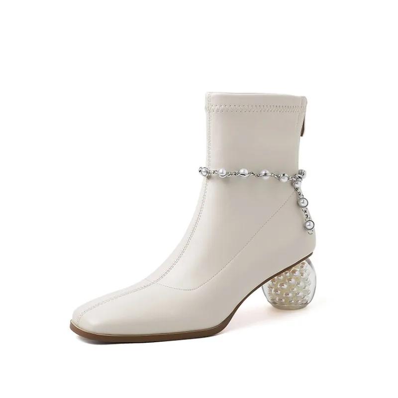 Fashion Thick Heeled Square Toe Pearl/chain Elastic Slim Fit Boots  Autumn and Winter Black Beige Fashion Women's Short Boots Size 34-42
