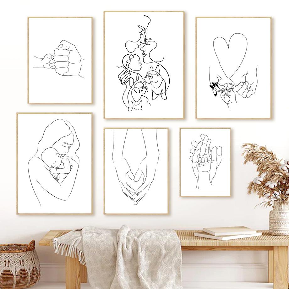 Linea astratta mamma bambino mano cuore minimalista arte murale tela pittura nordica poster e stampe quadri da parete decorazioni per la camera dei bambini