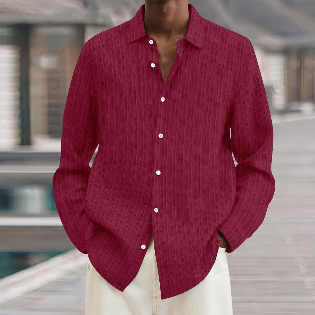 Four Seasons Long Sleeve Lapel Loose Button Cotton and Linen Striped Cardigan Shirt Men's