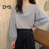 Women T-shirt Round Neck Lantern Long Sleeve Elastic Cuffs Tee Shirt Solid Color Loose Fit Pullover Tops Daily Wear