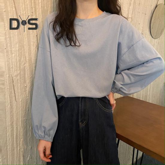 Women T-shirt Round Neck Lantern Long Sleeve Elastic Cuffs Tee Shirt Solid Color Loose Fit Pullover Tops Daily Wear