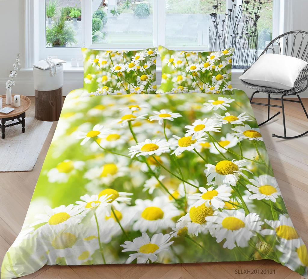 3D Printing Household Bedding Set Chrysanthemum Printing Pillowcase and Quilt Cover 2/3 Pieces of Plant Microfiber Comfortable Household Bedding