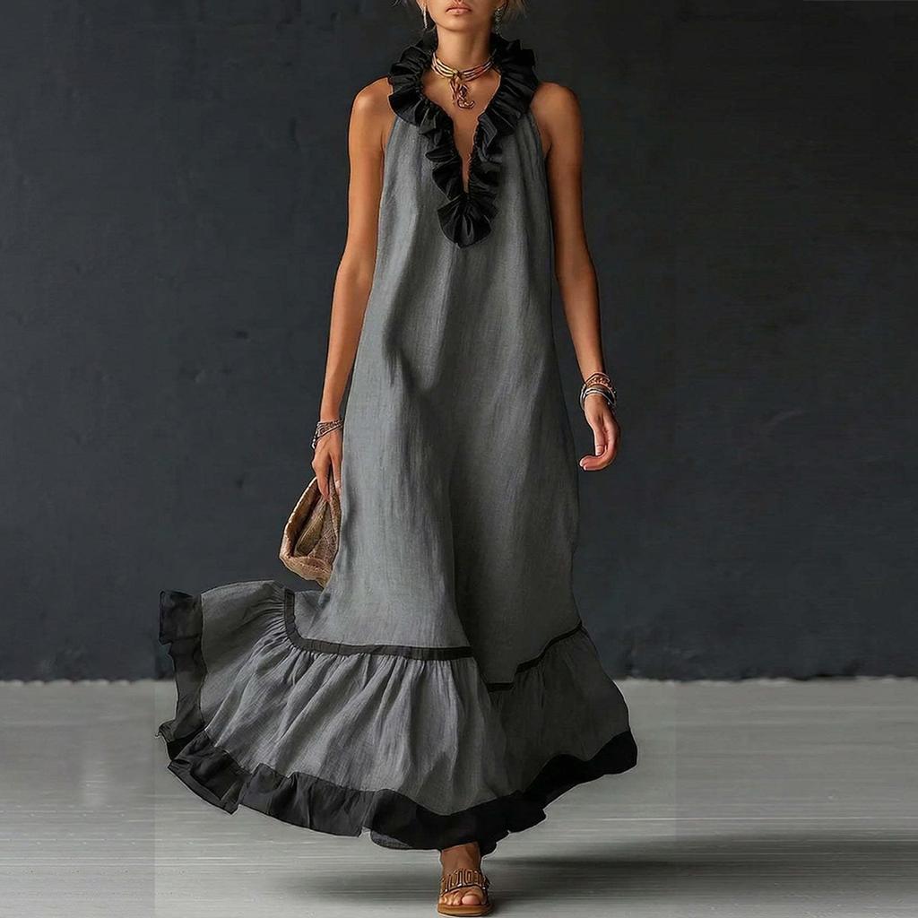 Women's Fashionable Color Round Neck 3/4 Sleeved Cotton Linen Casual Vacation Loose Long Dress