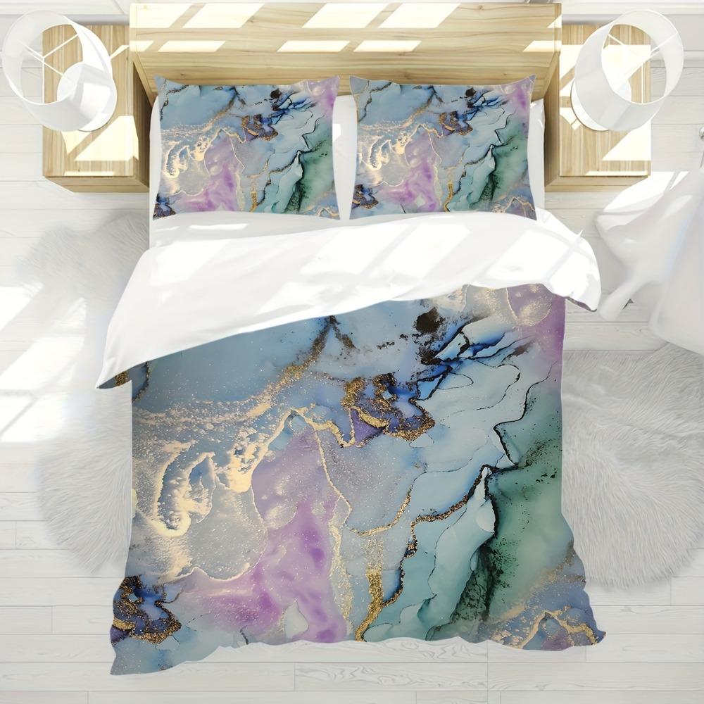 3-teiliges grünes Bettwäsche-Set Marmorstruktur Vergoldungsdruck Kuscheliges Bettbezug-Set King Queen Twin Einzelgröße Geburtstagsgeschenk Schlafzimmerdeko