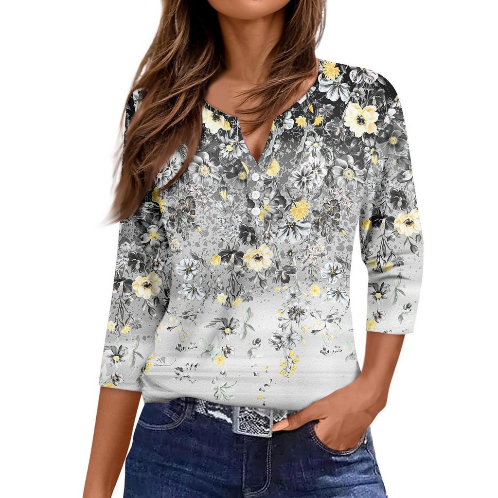 Ladies Casual Fashion V-neck Loose Versatile Floral Print Three-quarter Sleeve Top