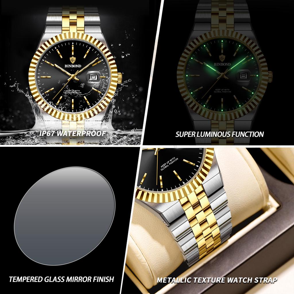 BINBOND Stainless Steel Luminous Waterproof Watch For Man Luxury Reloj Original Accurate Quartz Men's Watches Auto Date Sturdy