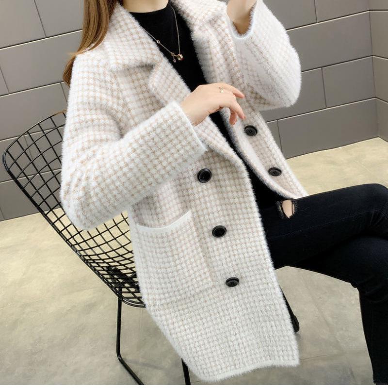 Korean Style Plaid Mid-Length Knit Jacket - Loose Fit, Long Sleeve, Autumn/Winter Women's Fashion.