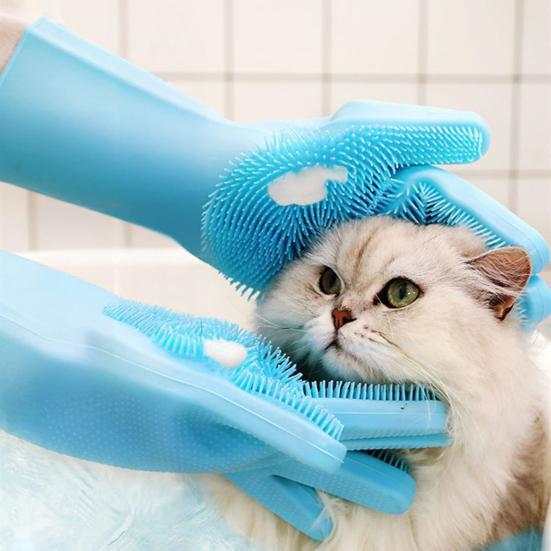 Pet Grooming Gloves Heat Resistant Silicone Dog Washing Gloves with High-Density Teeth Five Finger Design Cat Hair Remover for Massaging Bathing