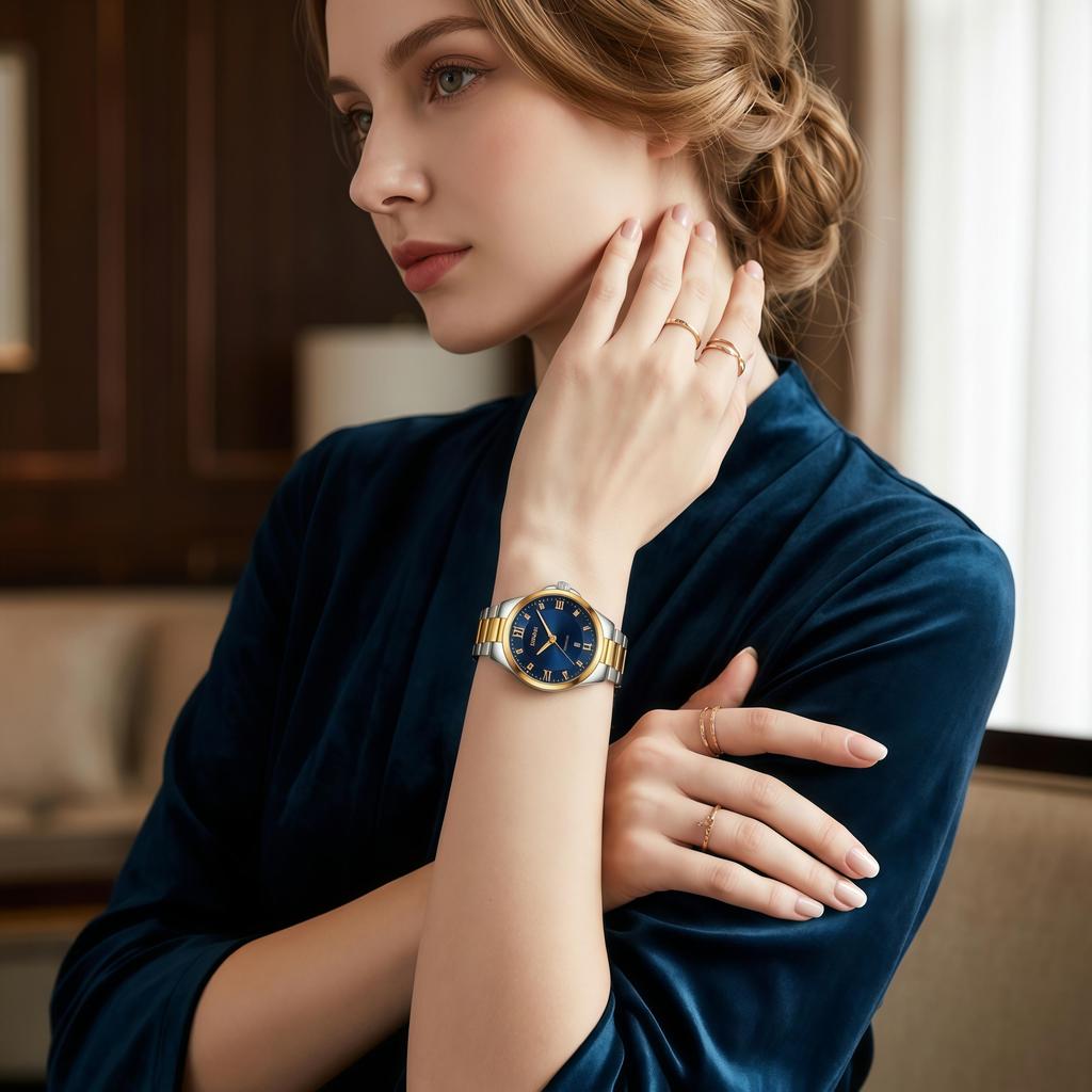 Women's Quartz Watch SKMEI Two-Tone Crystal Blue Dial 9409