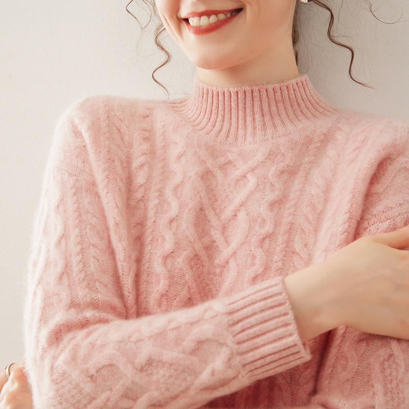 Women's Thickened Cashmere Sweater: Soft, Skin-Friendly Half-High Collar Cable Knit for Autumn/Winter