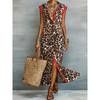 Summer Women Leopard Graphic Print Dress Fashion Elegant Casual Lapel Button Sleeveless Tank Long Dresses Ladies Slim Maxi Dress