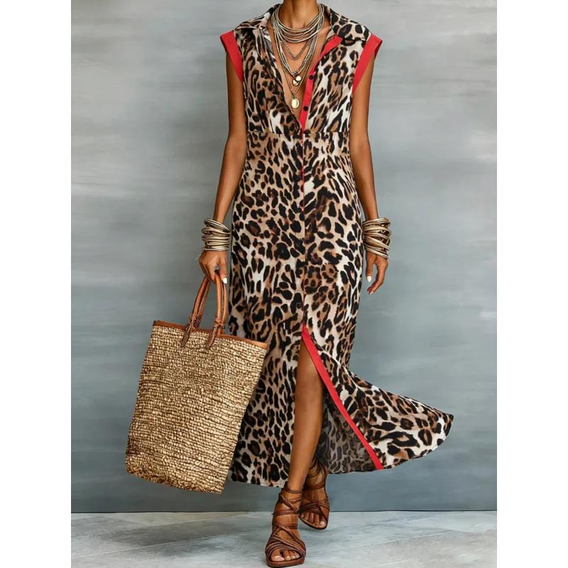 Summer Women Leopard Graphic Print Dress Fashion Elegant Casual Lapel Button Sleeveless Tank Long Dresses Ladies Slim Maxi Dress