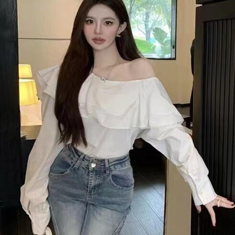 Vintage Ruffled Off Shoulder White Blouse Women Fashion Long Sleeve Loose Elegant Shirt Women Slim Fit Casual Slash Neck Sexy Tops 24304
