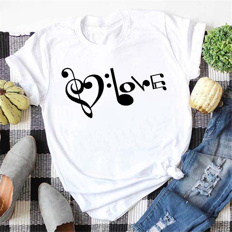 Maycaur Harajuku Women T Shirt Music Note Printed Tops Women New Black Tshirt Ladies Fashion Graphic Tees FeUnisex Tops Tshirts