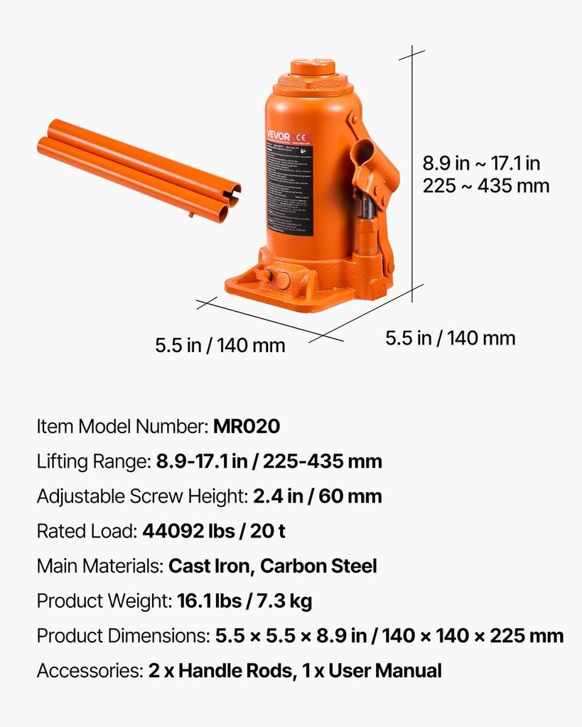 Hydraulic Bottle Jack, 20 Ton (44092 Lbs) Load Capacity, 225-435 Mm Lifting Range, Heavy Duty Welded Bottle Jack for Car, SUV, Pickup, Auto Repair,