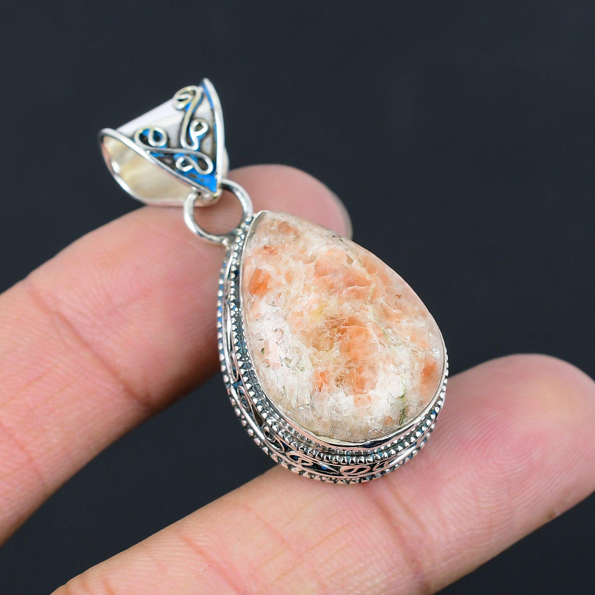 Womens day Deal Pear Natural Sunstone Artisan Wedding Pendant Sterling Silver