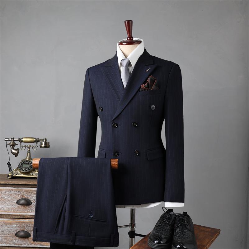Men's Double-Breasted Striped Suit Set for Weddings & Business – Slim Fit Tuxedo & Formal Wear