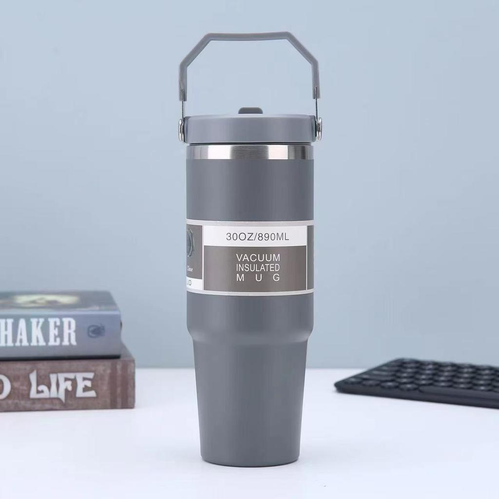 Velký nerezový izolační termohrnek 304 s uchem a brčkem - Dvoustěnný Ice Buster