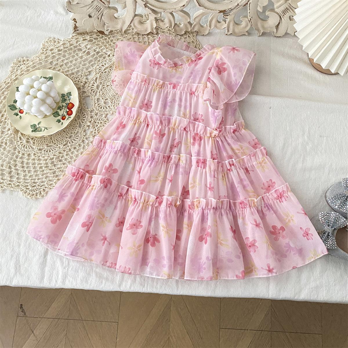 

Повседневные платья для девочек Платье с цветочным принтом и рукавами-крылышками Платья для девочек-цветочниц на свадьбу Платье принцессы для девочек от 2 до 7 лет 130 розовый