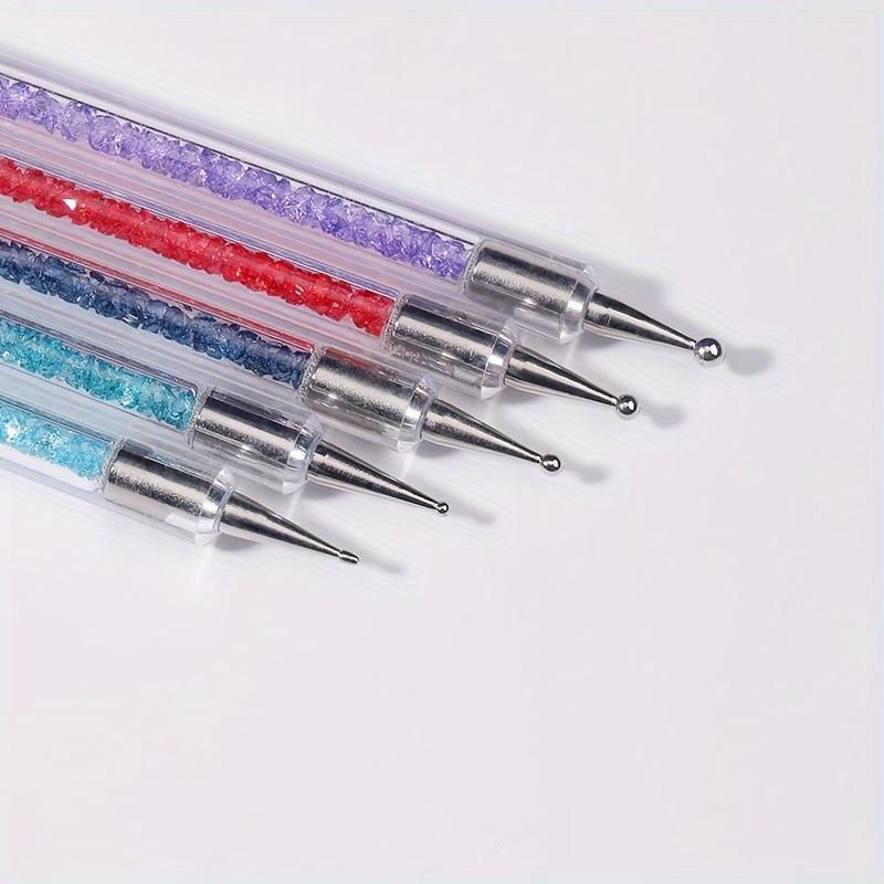 5pcs 2 In 1 Dual-Ended Nail Art Liner Brushes With Crystal Handle Professional UV Gel Dotting Painting Drawing Pen DIY Tools