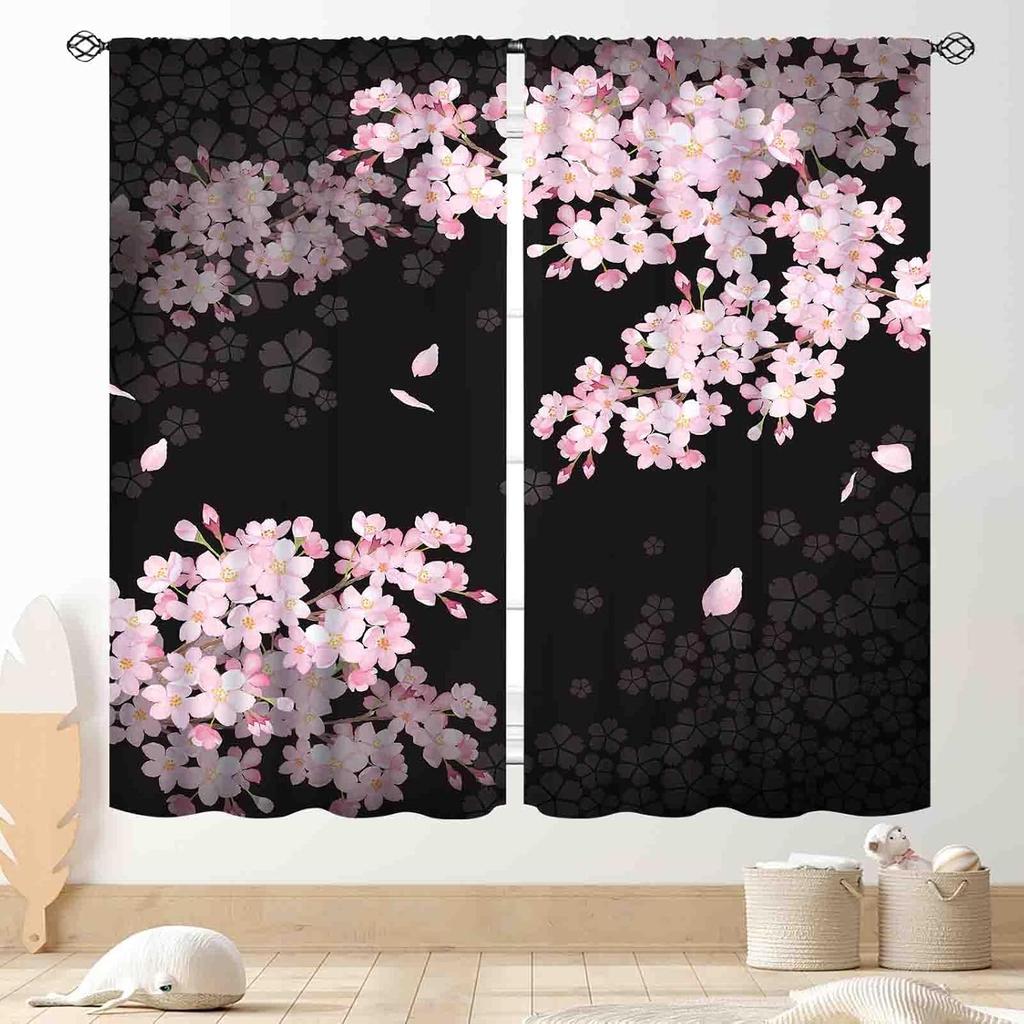 Japanese Curtains Traditional Ink Painting Red Floral Plum Cherry Blossom Asian Style Nature Mountains Landscape Window Drapes Curtain Polyester