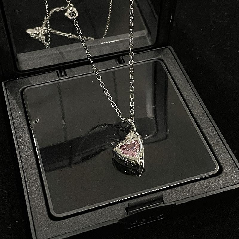 Niche Design Pink Zircon Love Necklace Sweet Cool Wind Stud Earrings High Sense Cold Wind Opening Ring Women