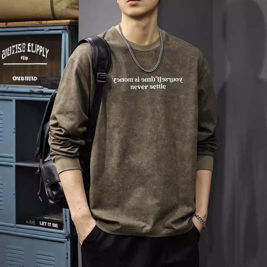 Autumn Wasteland Feng Shui Washing Printing Long-Sleeved T-Shirt Men'S American Heavy Pure Cotton Bottoming Shirt Trendy Brand Loose Sweater