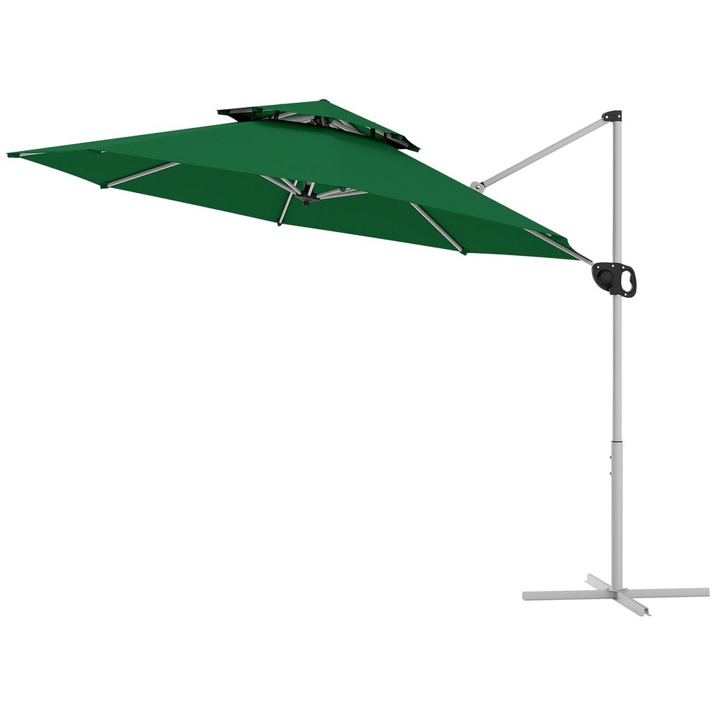 Offset Parasol, Ø292 cm, Crank, 360° Rotation, Adjustable Tilt, Double Roof, Cross Base, Dark Green