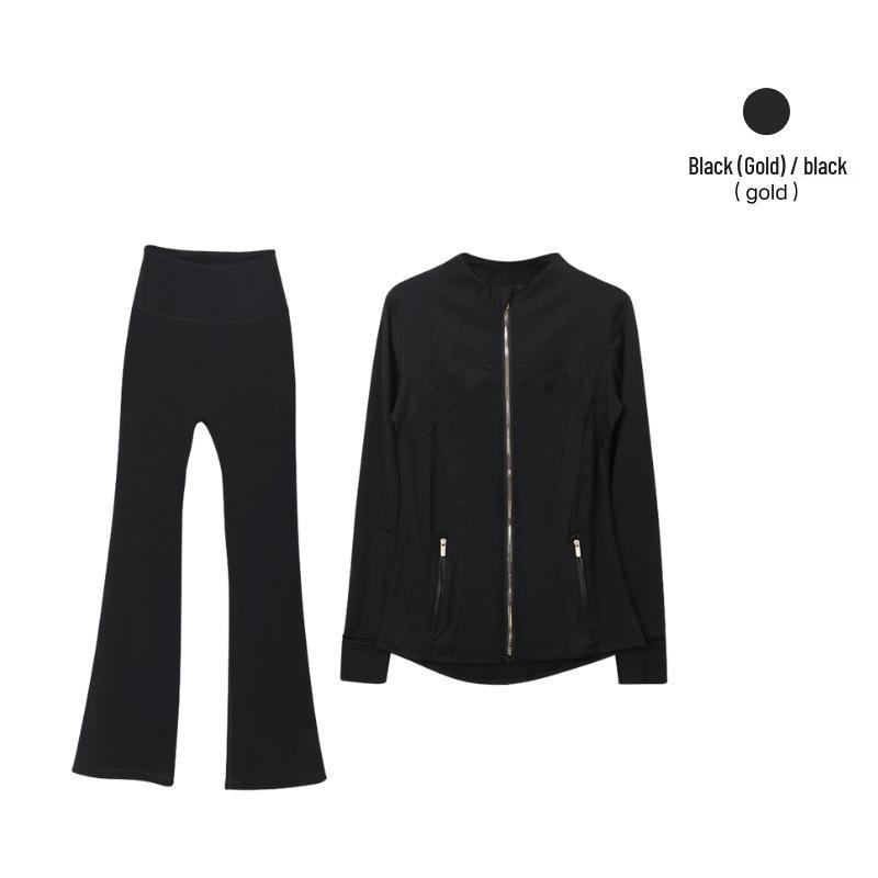 In Stock: Women's Gold Jacket & Flare Pants - High Stretch, Slimming Sports Yoga Set