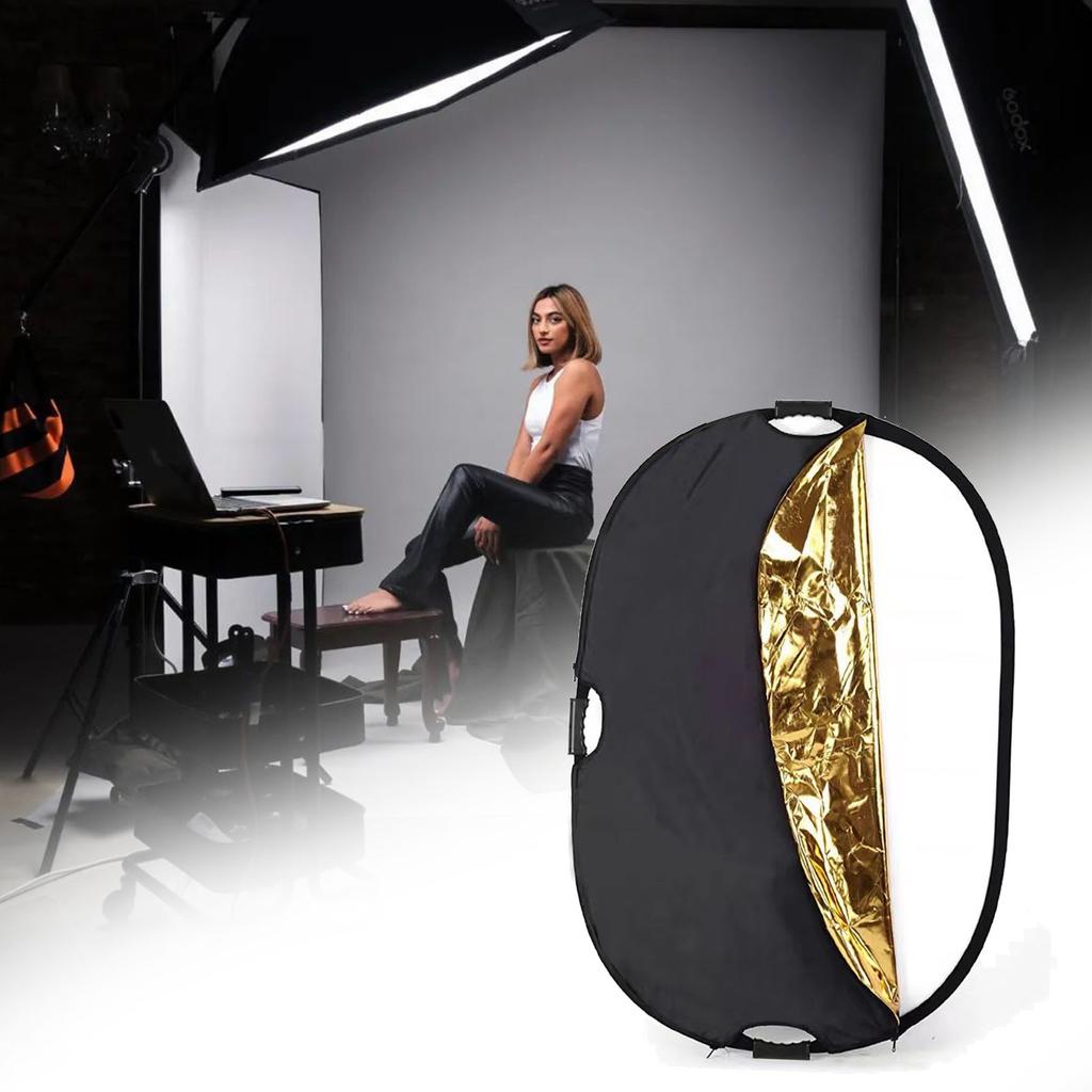 Riflettore Ovale 5 in 1 con Manico, Riflettore Luminoso Pieghevole 60 x 90cm, Tessuto Poliestere Oxford Telaio in ABS Diffusori Argento Oro Bianco Nero per Studio Esterno