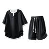 Trendy 2026 Men's Jacquard Sportswear Set: Faux Two-Piece T-Shirt & Shorts