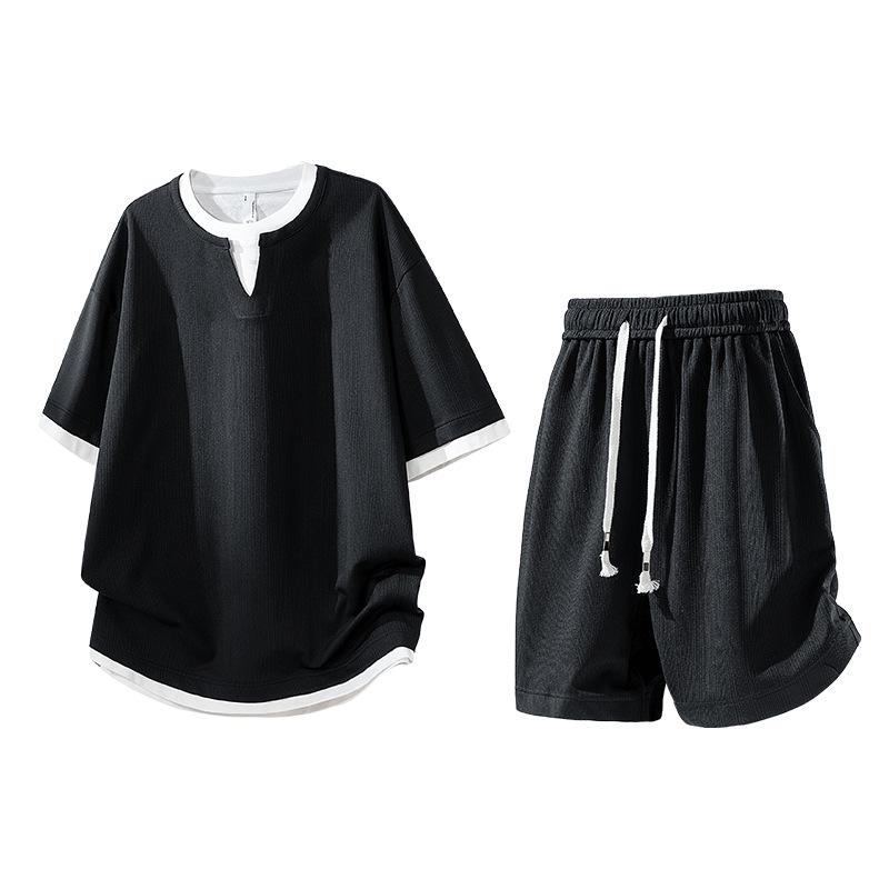 Trendy 2026 Men's Jacquard Sportswear Set: Faux Two-Piece T-Shirt & Shorts