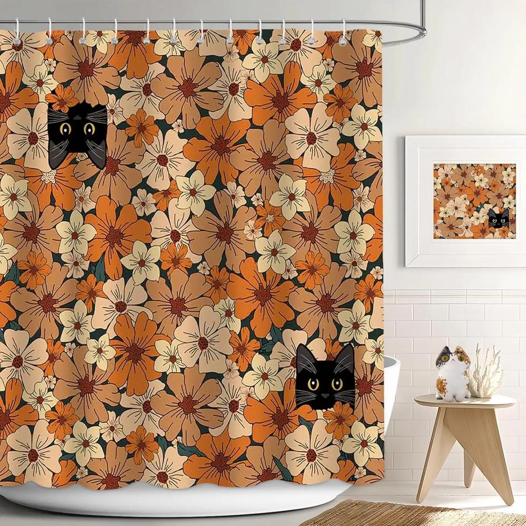 Cute Cat Shower Curtain For Bathroom Decor, Funny Bathroom Curtain Set, Cat Lovers Cute Cartoon Colorful Waterproof Fabric