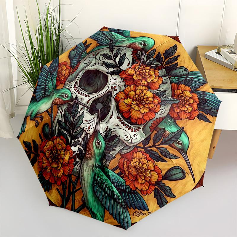 

1pc Day of the Dead Skull with Hummingbirds and Marigolds Umbrella with Plastic Handle,Vibrant Cartoon Pattern,Multi-functional UmbrellaB1955