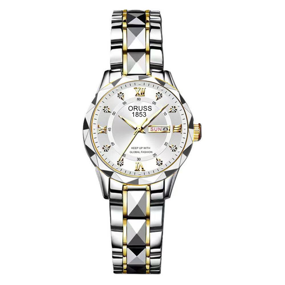 Women'S Fashion Rhombus Double Calendar Luminous Waterproof Quartz Watch Solid Belt