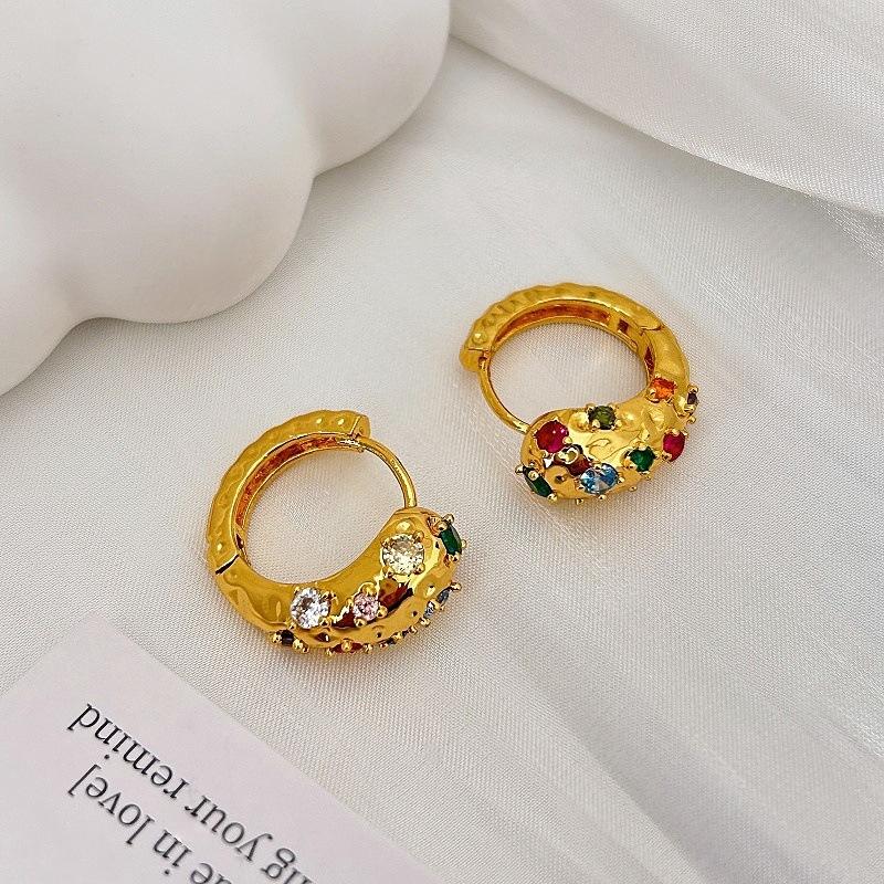 French Retro Stud Earrings Inlaid With Colored Zircon Heavy Industry Earrings Light Luxury Fashion Trend Temperament Versatile Earrings