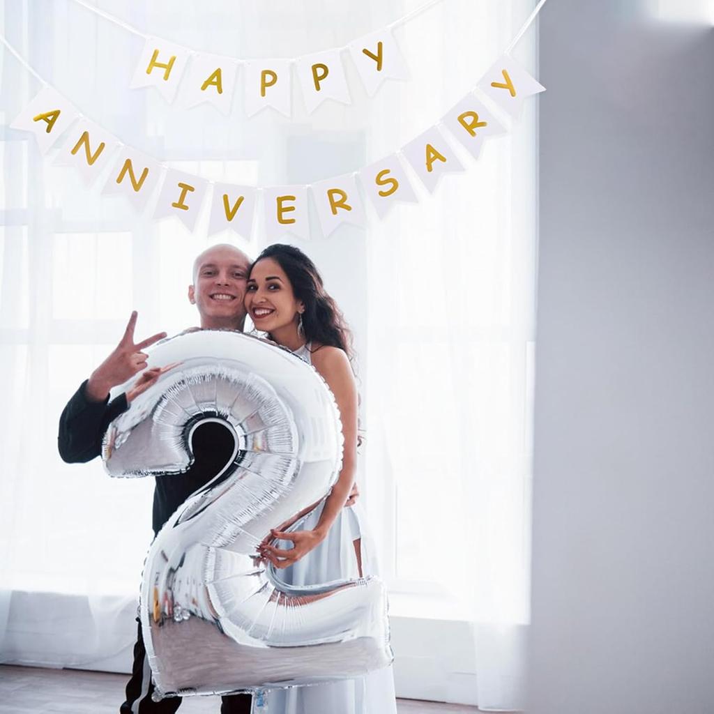 White Happy Anniversary Banner, Party Supplies for Wedding Birthday Party Ceremony Decoration