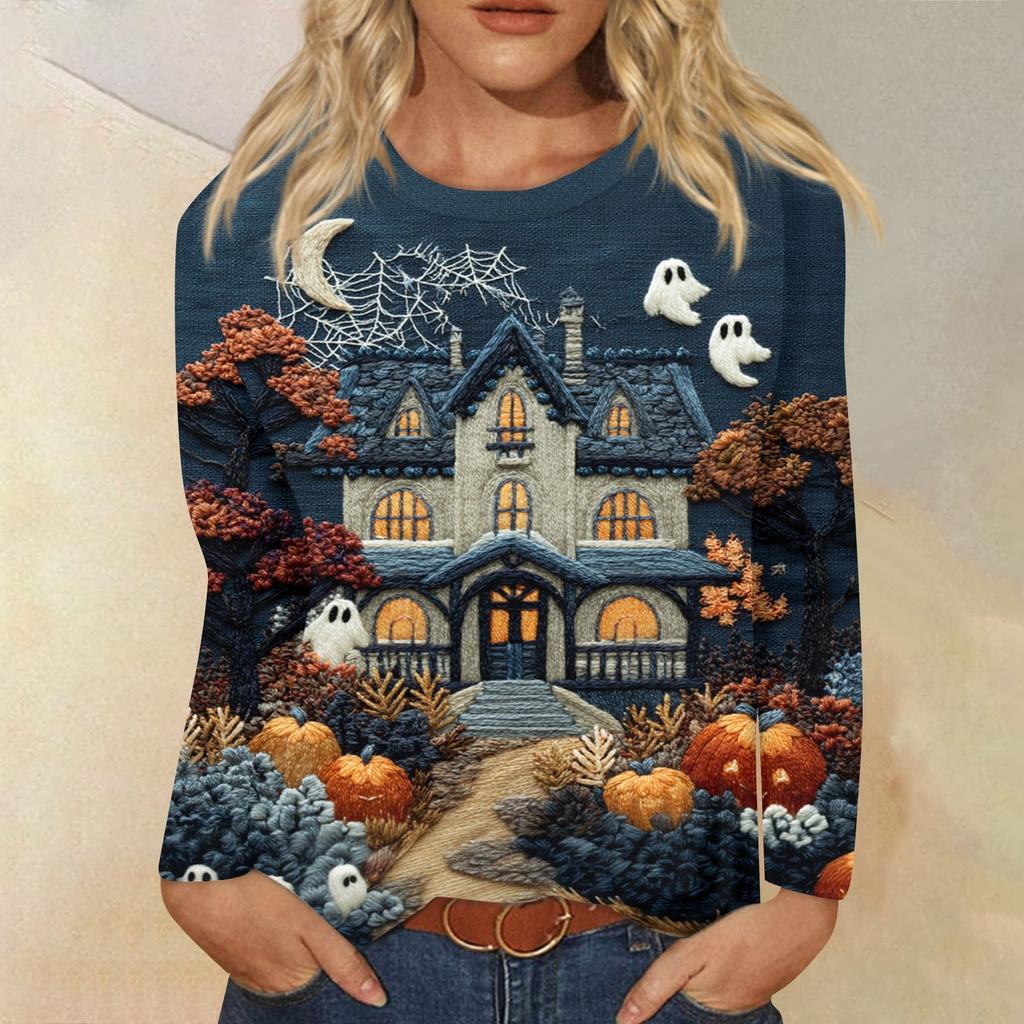 Women's Fashion Casual Long Sleeve Halloween Print Round Neck Top