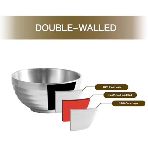 IMEEA Rice Bowls and Tea Bowls, Approximately 14cm Diameter, Dishwasher Safe, Lightweight, SUS304 Stainless Steel, Double Walled, Heat Resistant, Silv
