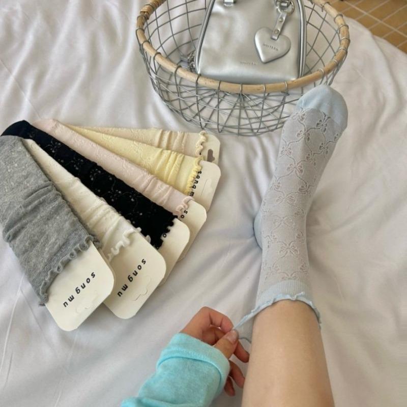 Women's Spring and Summer New Pure Cotton Hollow Bow Breathable Boneless Ear Tube Stack Socks