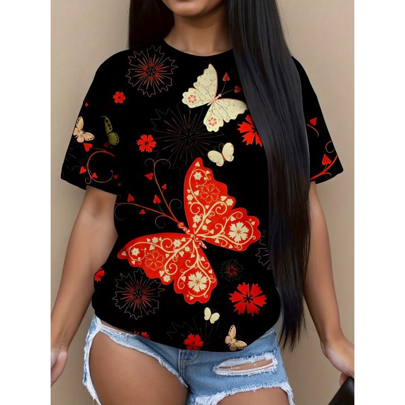 Womens Casual Round Neck Short Sleeve T-Shirt With Butterfly Print Loose Fit 2025